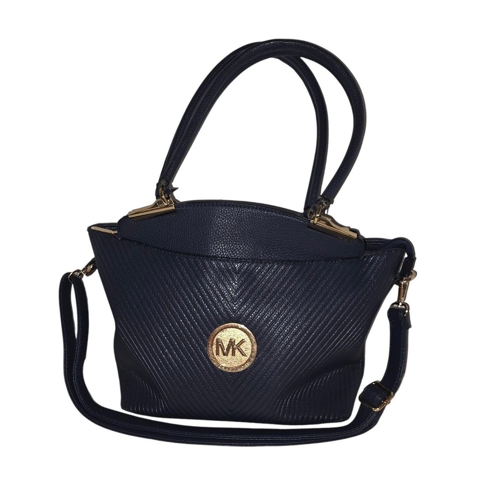 Michael Kors Navy Blue Chevron Leather Satchel Shoulder Bag Gold MK Logo